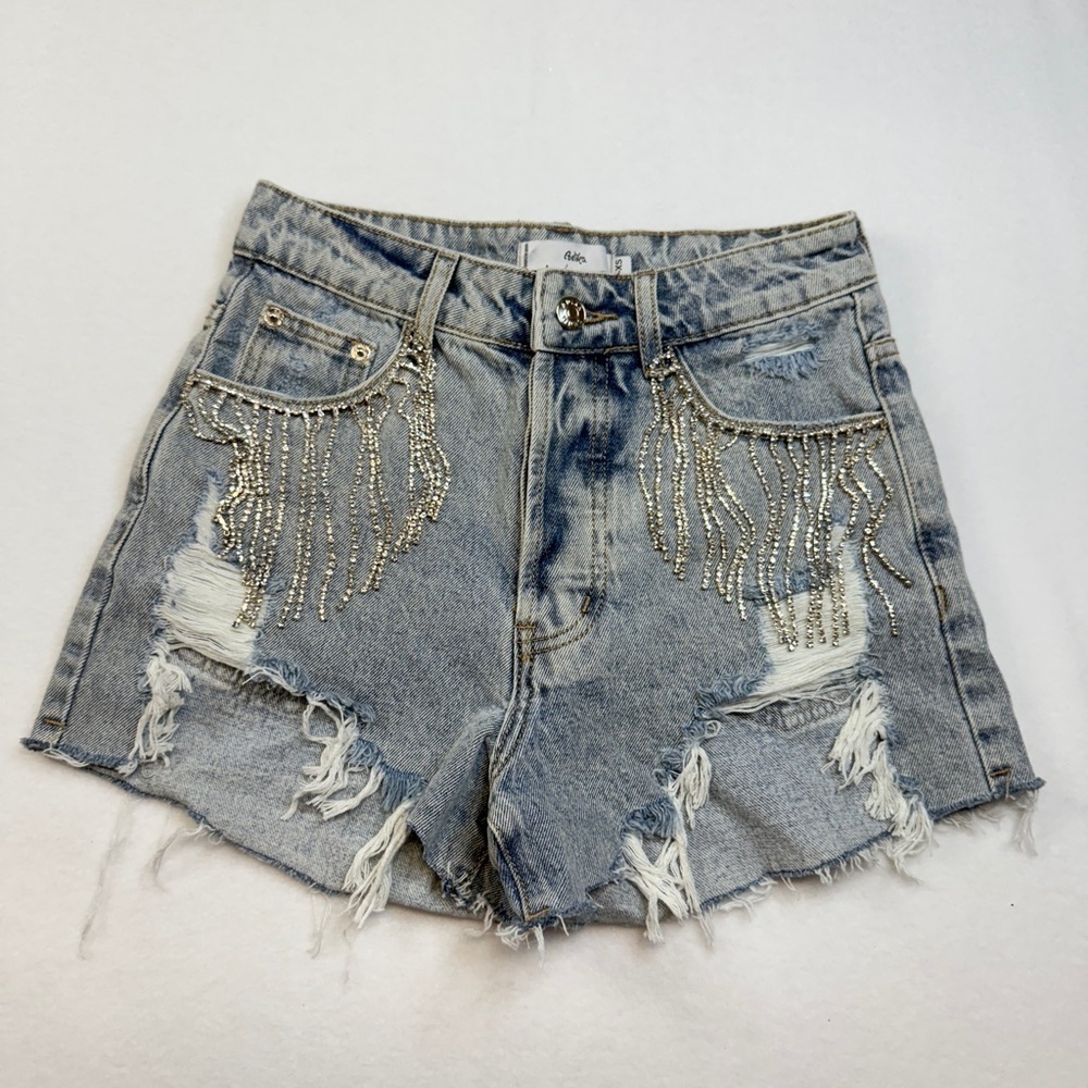 Adika Blue Jean Shorts Rhinestone Fringe Distressed Cut-Off Style - Picture 1 of 4